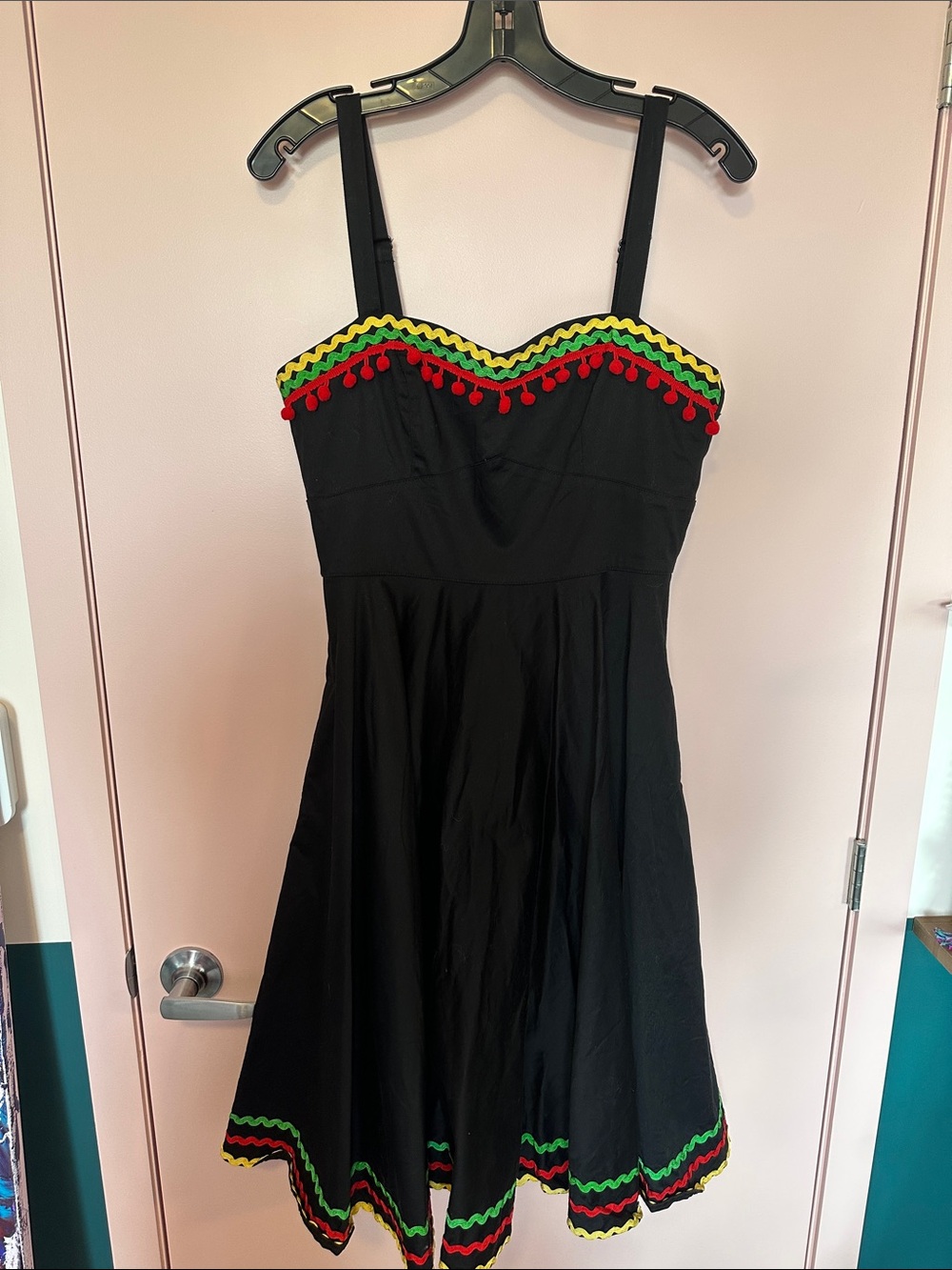 Hell Bunny Black Sundress with Red, Green & Yellow Trim Small
